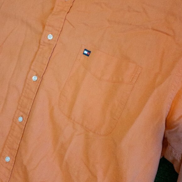 TOMMY HILFIGER MENS CASUAL SHIRT VINTAGE 90S LONG SLEEVE ORANGE BREAST POCKET XL - Picture 2 of 6